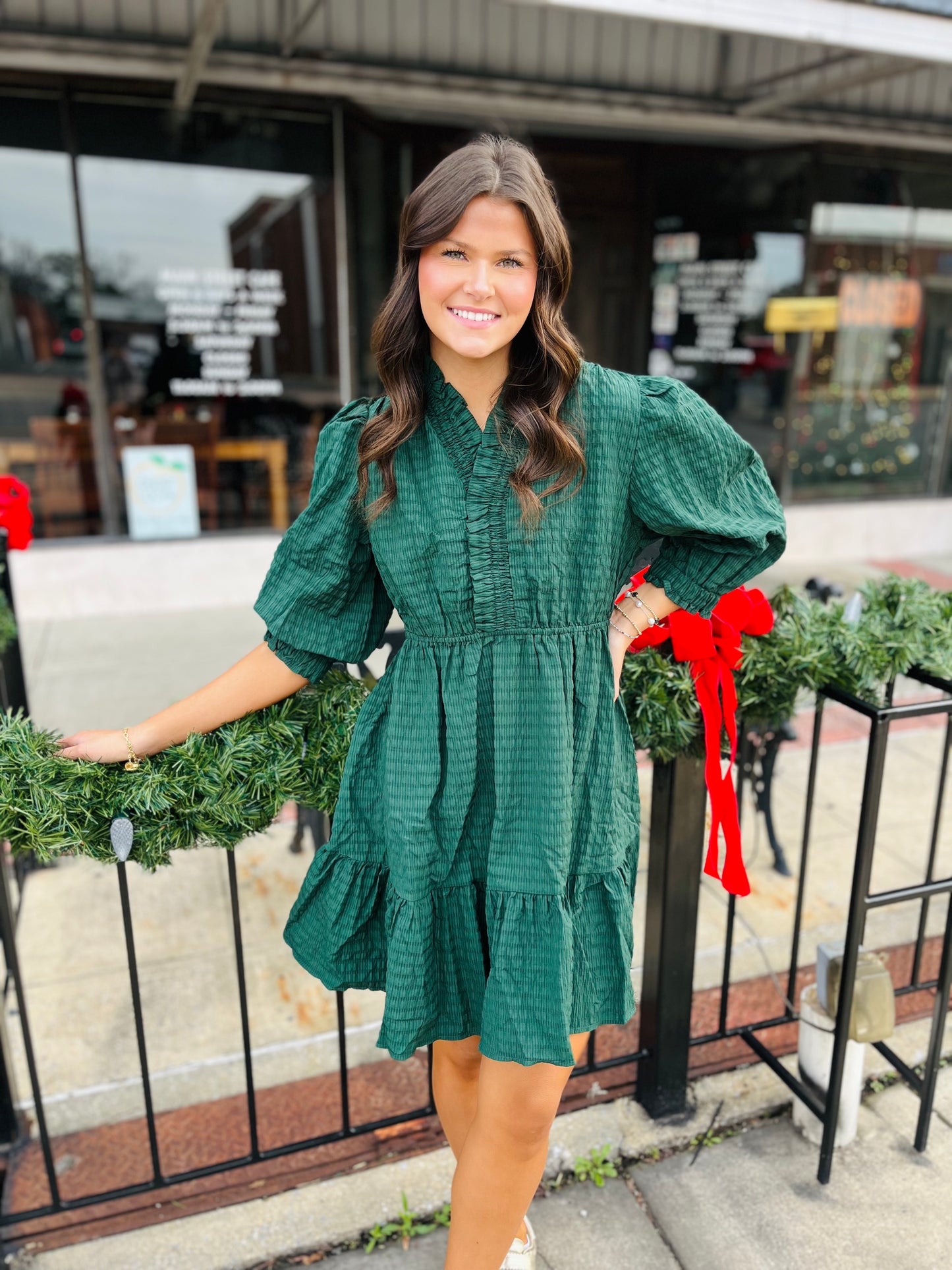 Green Textured Babydoll Dress