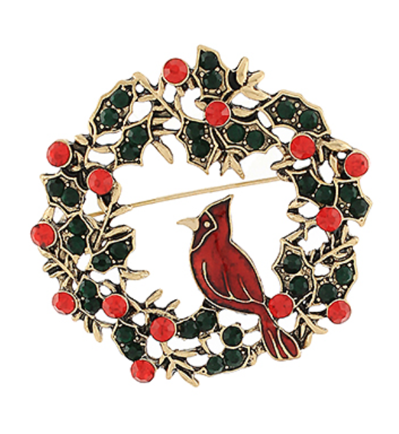 Cardinal Christmas Wreath Brooch