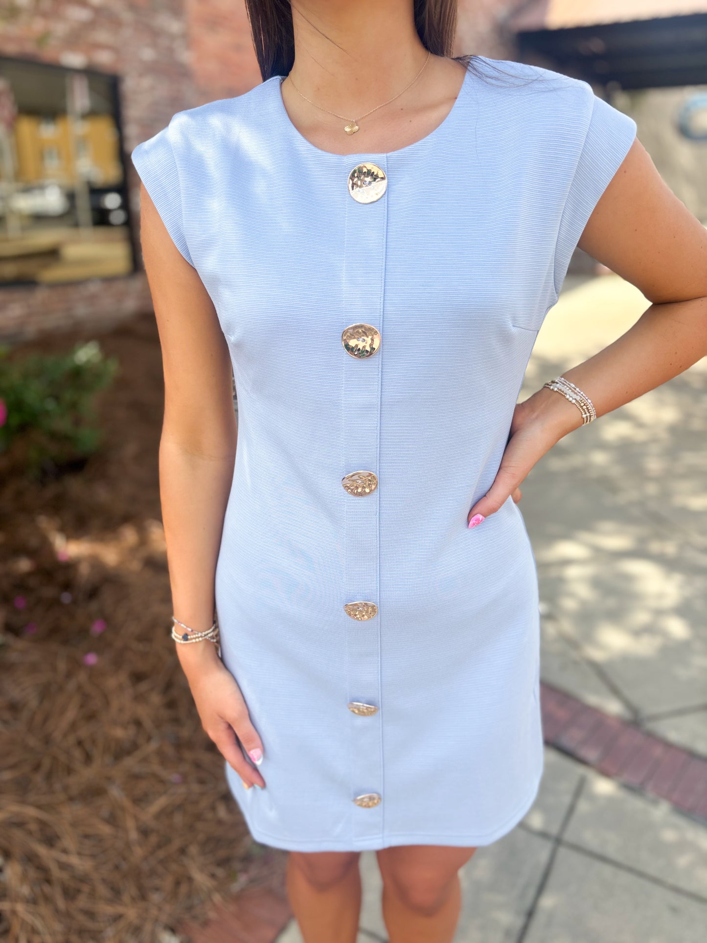 Blue Knit Button Down Mini Dress