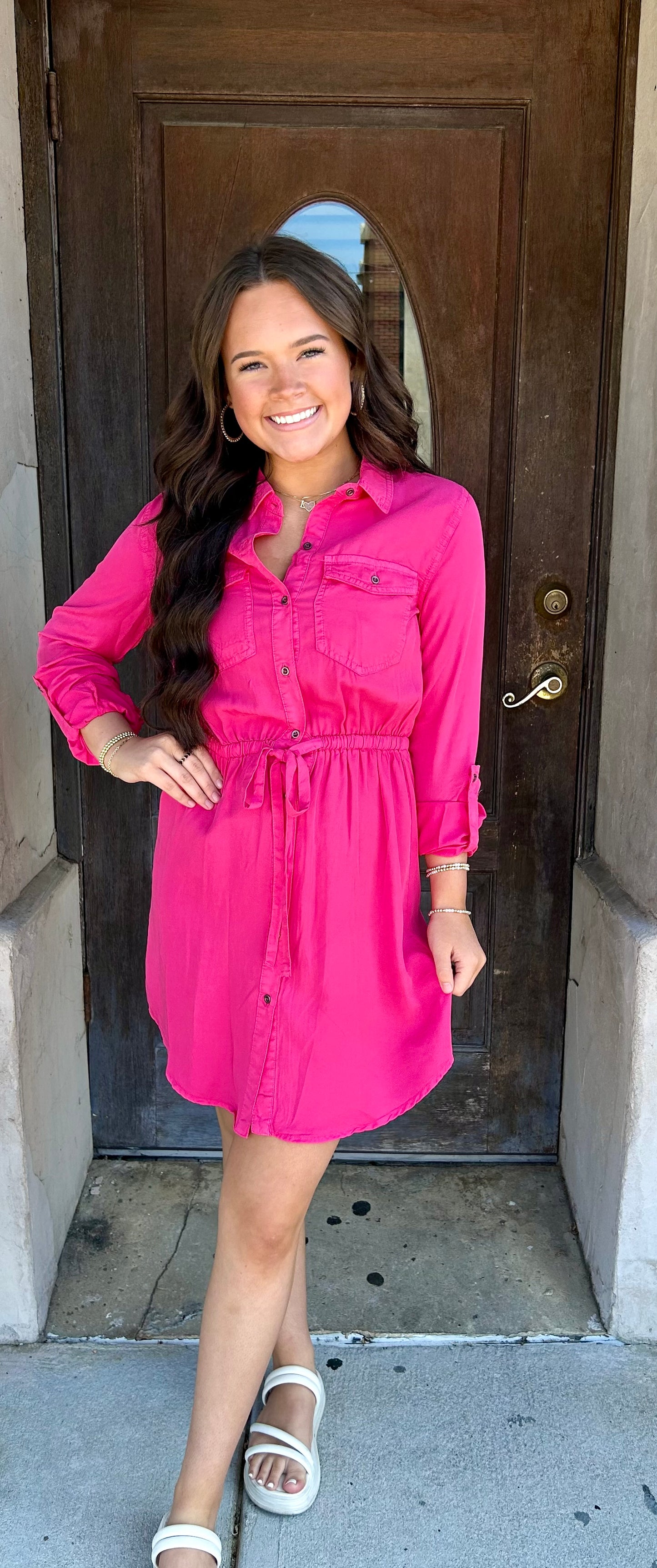 Pink Collared Drawstring Dress