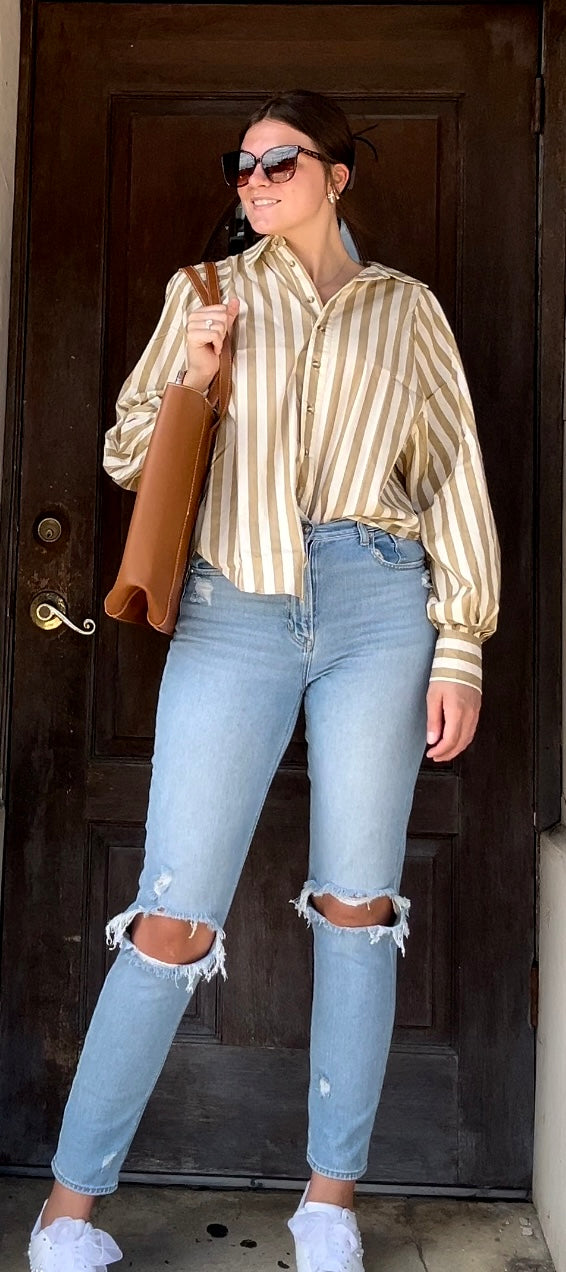 Taupe Striped Long Sleeve Button Down