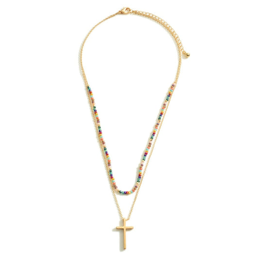 Layered Gold Cross Beaded Necklace