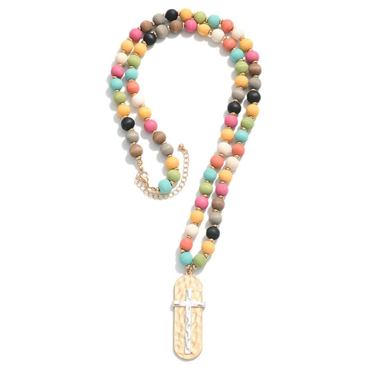 Wood Beaded Cross Necklace