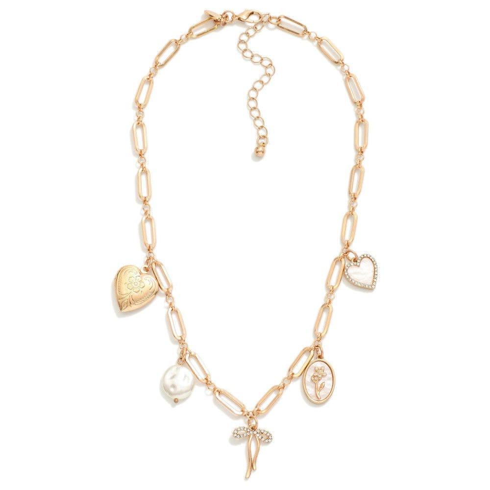 Paper Clip Hearts & Pearls Charm Necklace