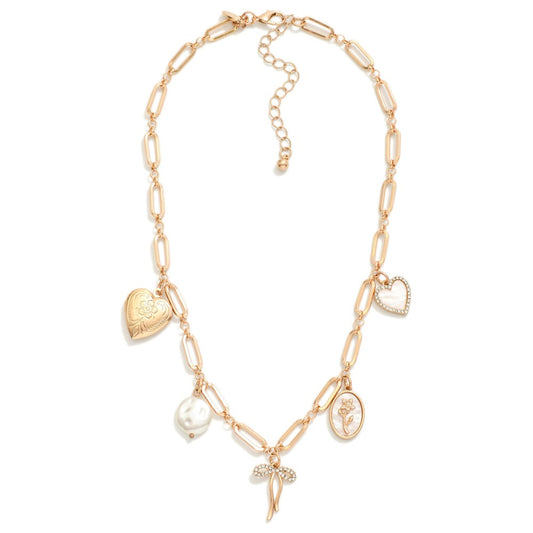 Paper Clip Hearts & Pearls Charm Necklace