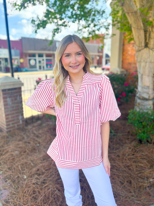 Red Striped Bubble Sleeve Top