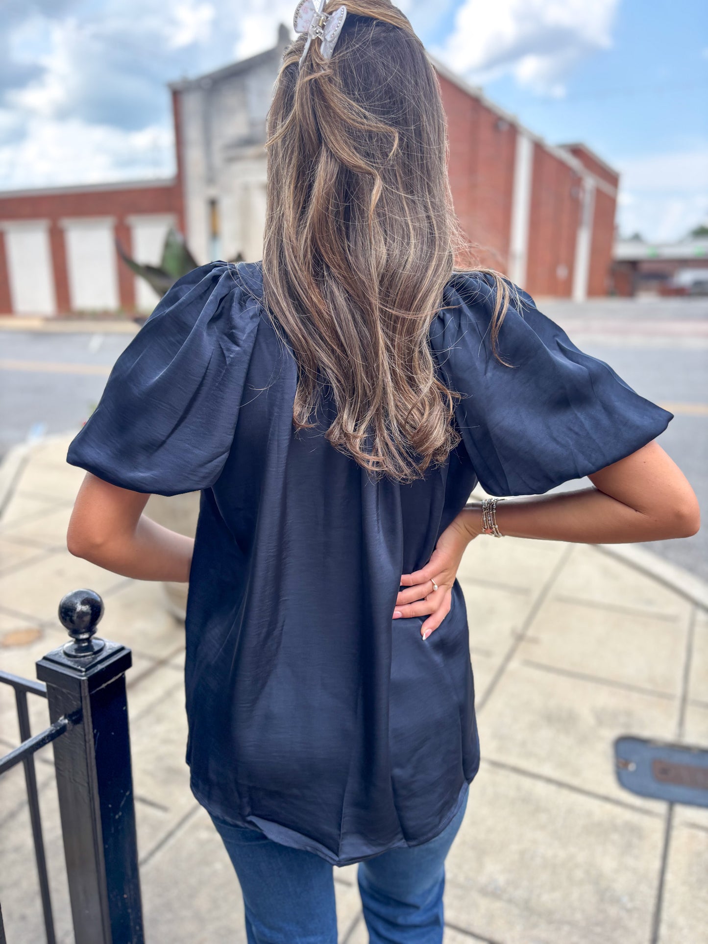 Satin Navy Puff Sleeve Blouse