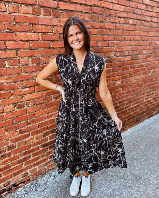 Black Smocked Zipper Dress