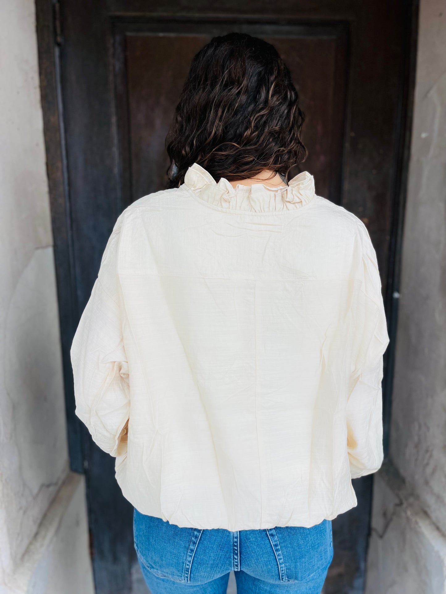 Oatmeal Ruffle V-Neck Blouse
