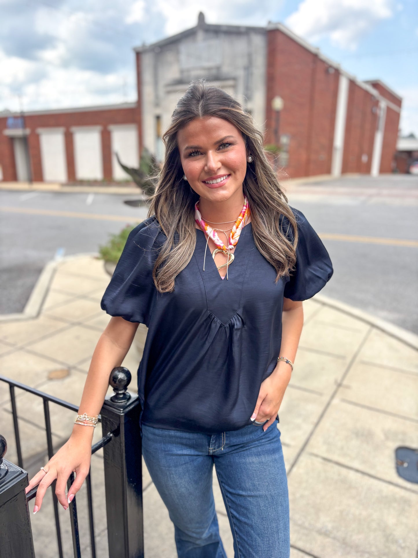 Satin Navy Puff Sleeve Blouse