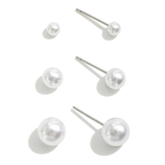 Silver Pearl Earrings Set