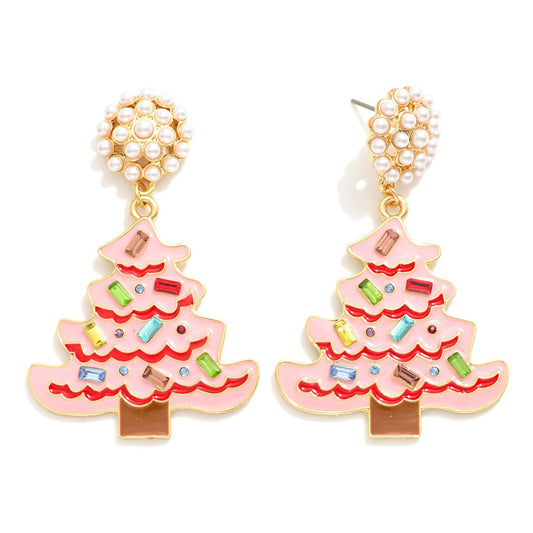 Rhinestone Pearl Pink Christmas Tree Earrings