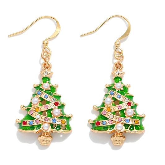 Rhinestone Pearl Christmas Tree Earrings