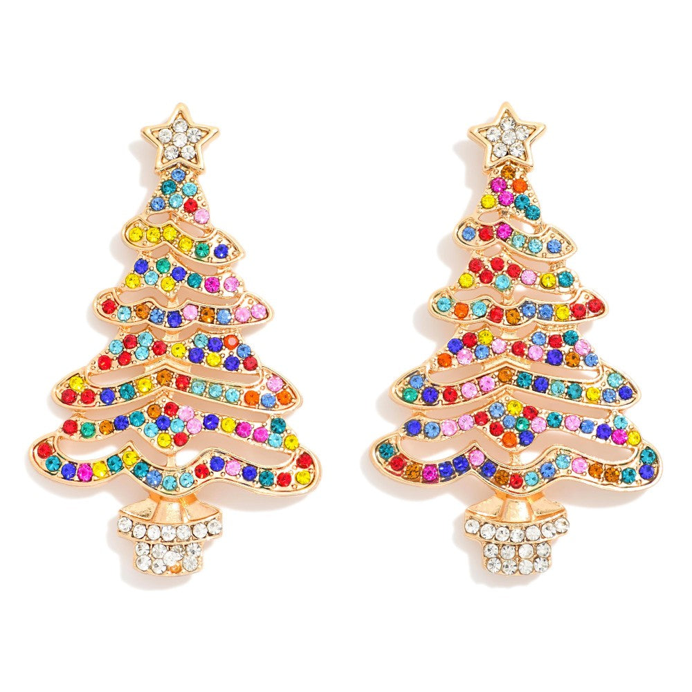 Rainbow Rhinestone Christmas Tree Earrings