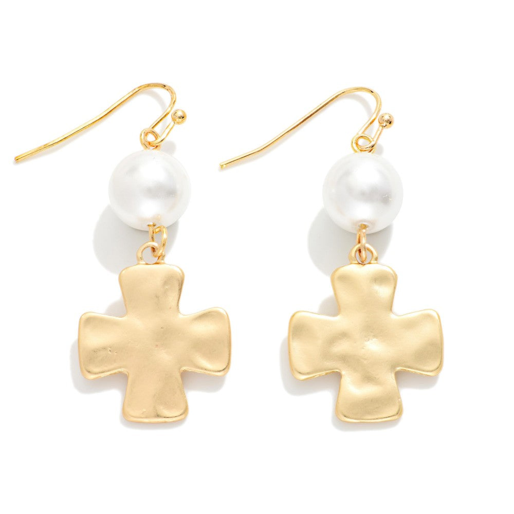 Hammered Cross Pearl Earrings