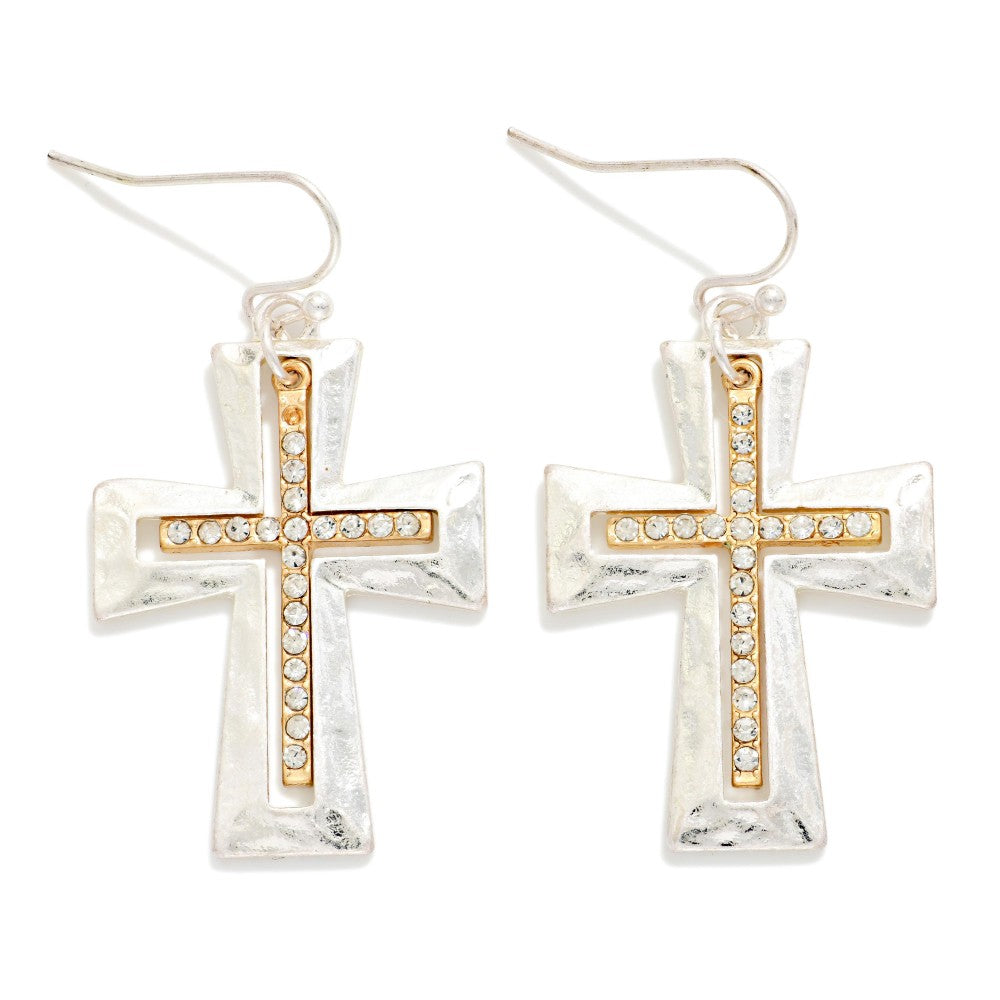 Two Tone Hammered Cross Rhinestone Earrings