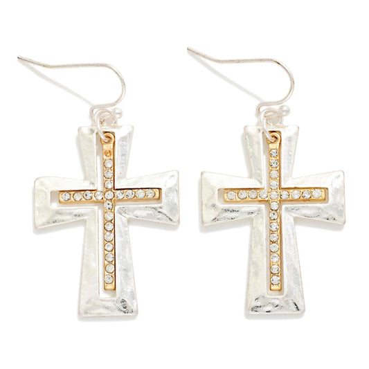 Two Tone Hammered Cross Rhinestone Earrings
