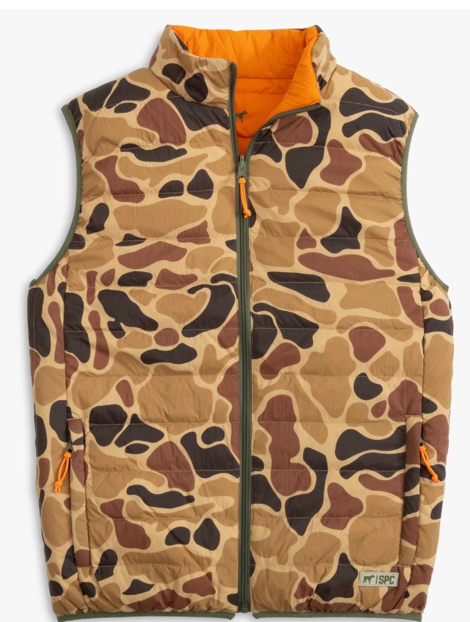 Field Series Reversible Down Vest/blaze orange/ old school camo