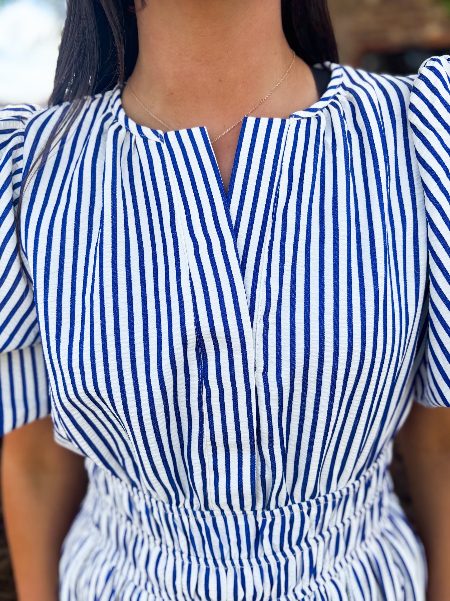 Navy Striped Pintuck Dress