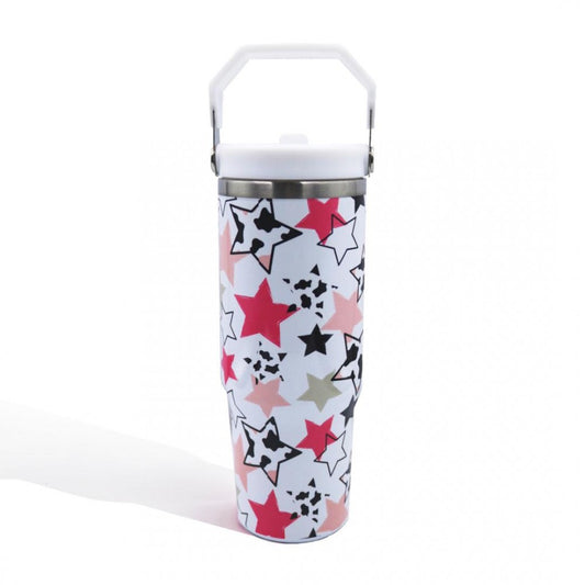 Cow Print Stars 30oz Double Wall Stainless Steel Vacuum Tumbler With Carry Handle