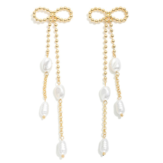 Ball Chain Bow Post Drop Earrings With Linked Pearl Details