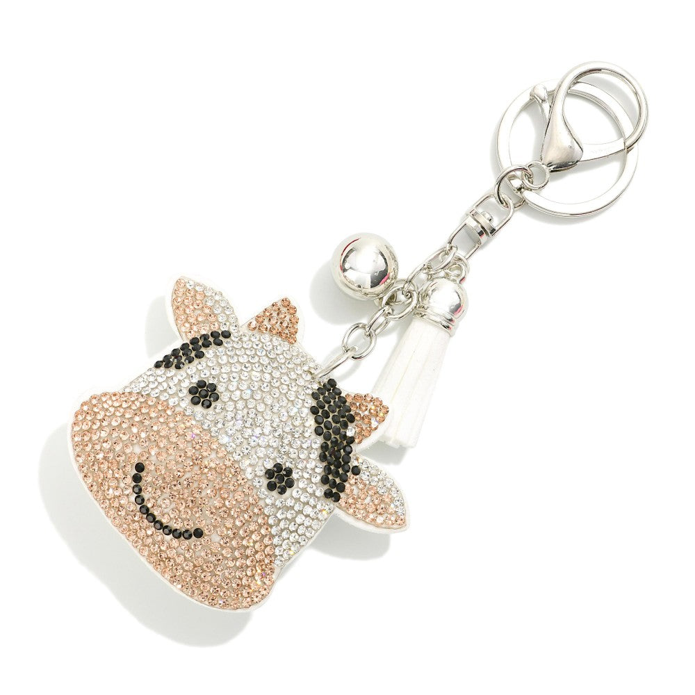 Rhinestone Studded Cow Puffer Keychain With Tassel