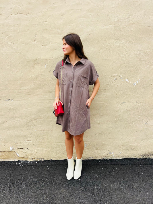 Suede Button Up Shirt Dress