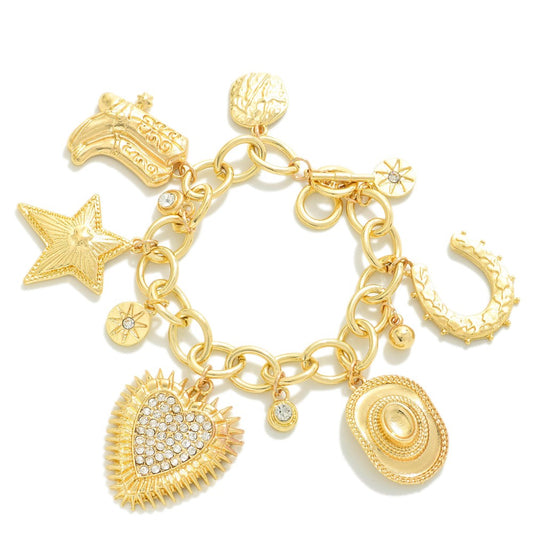 Chain Link Cowgirl Rhinestone Charm Bracelet
