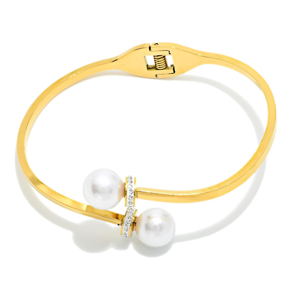 Gold Pearl Rhinestone Cuff Bracelet