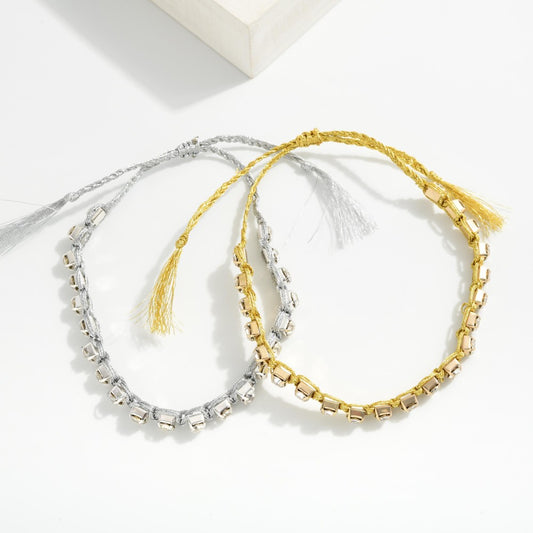 Tinsel Threaded Friendship Bracelet Featuring Rhinestone