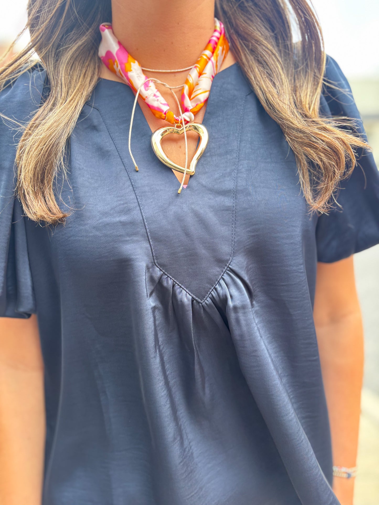 Satin Navy Puff Sleeve Blouse