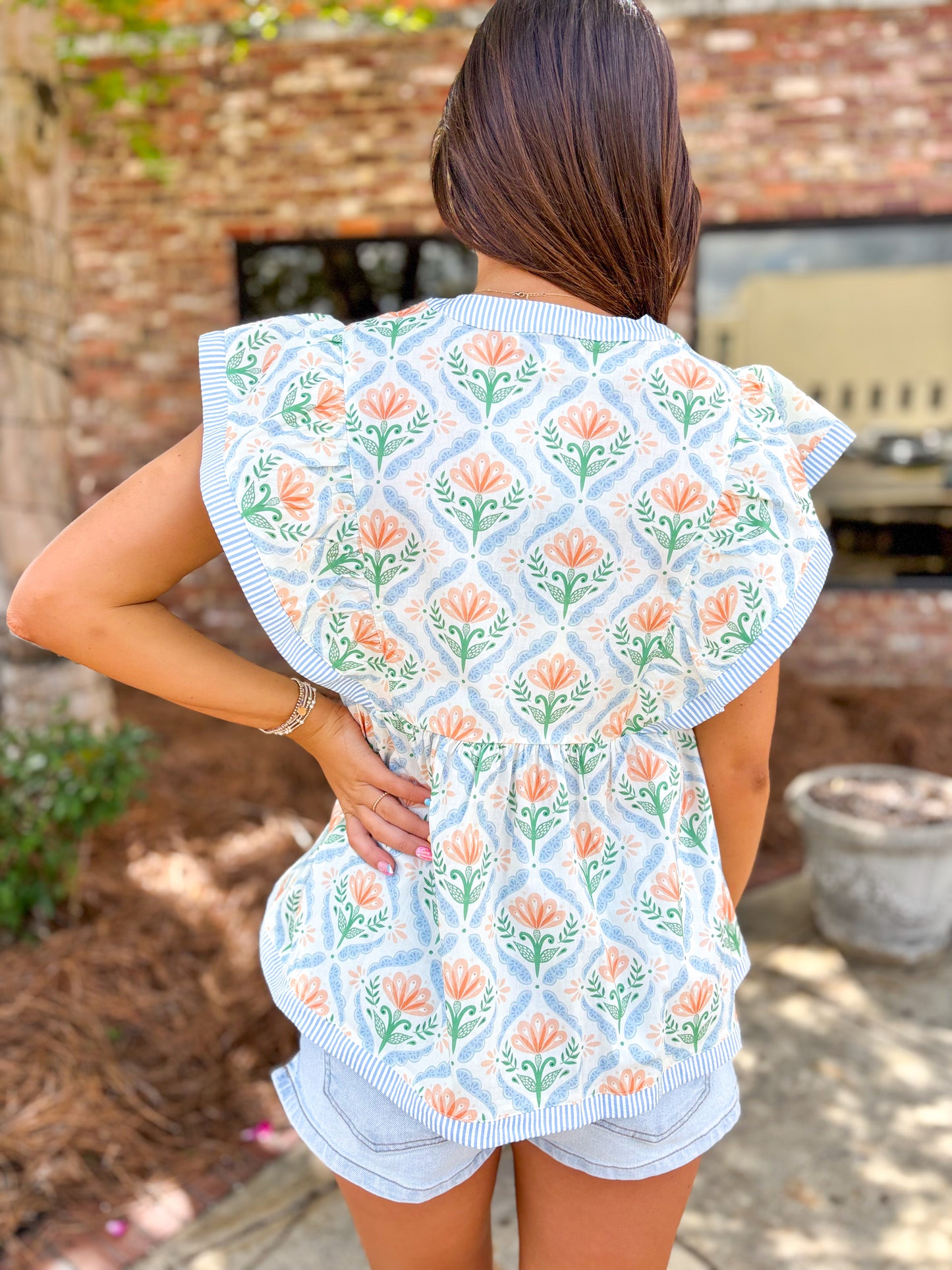 Blue & Orange Ruffle Sleeve Top