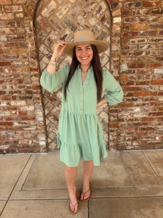 Sage Button Dress