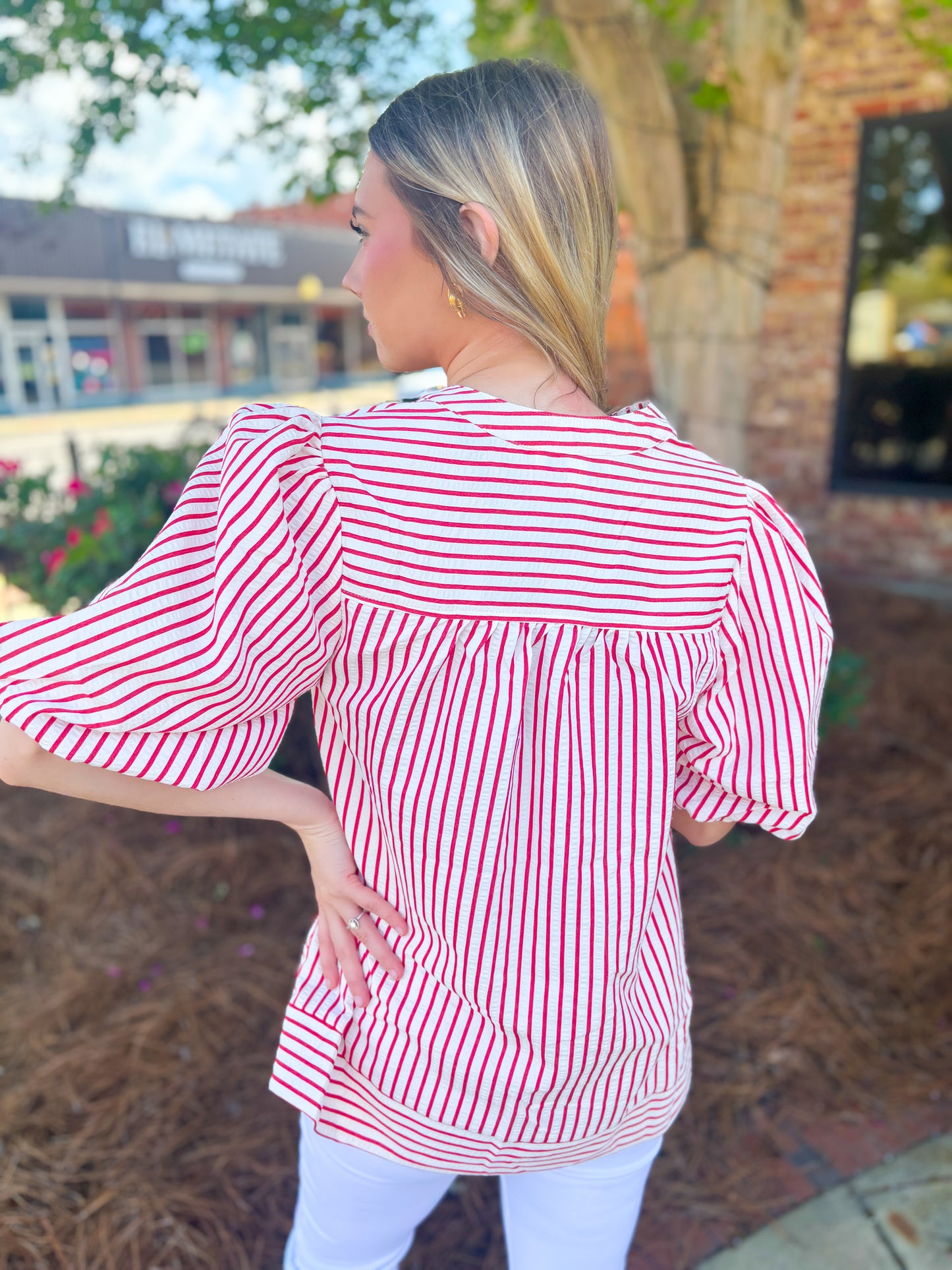 Red Striped Bubble Sleeve Top