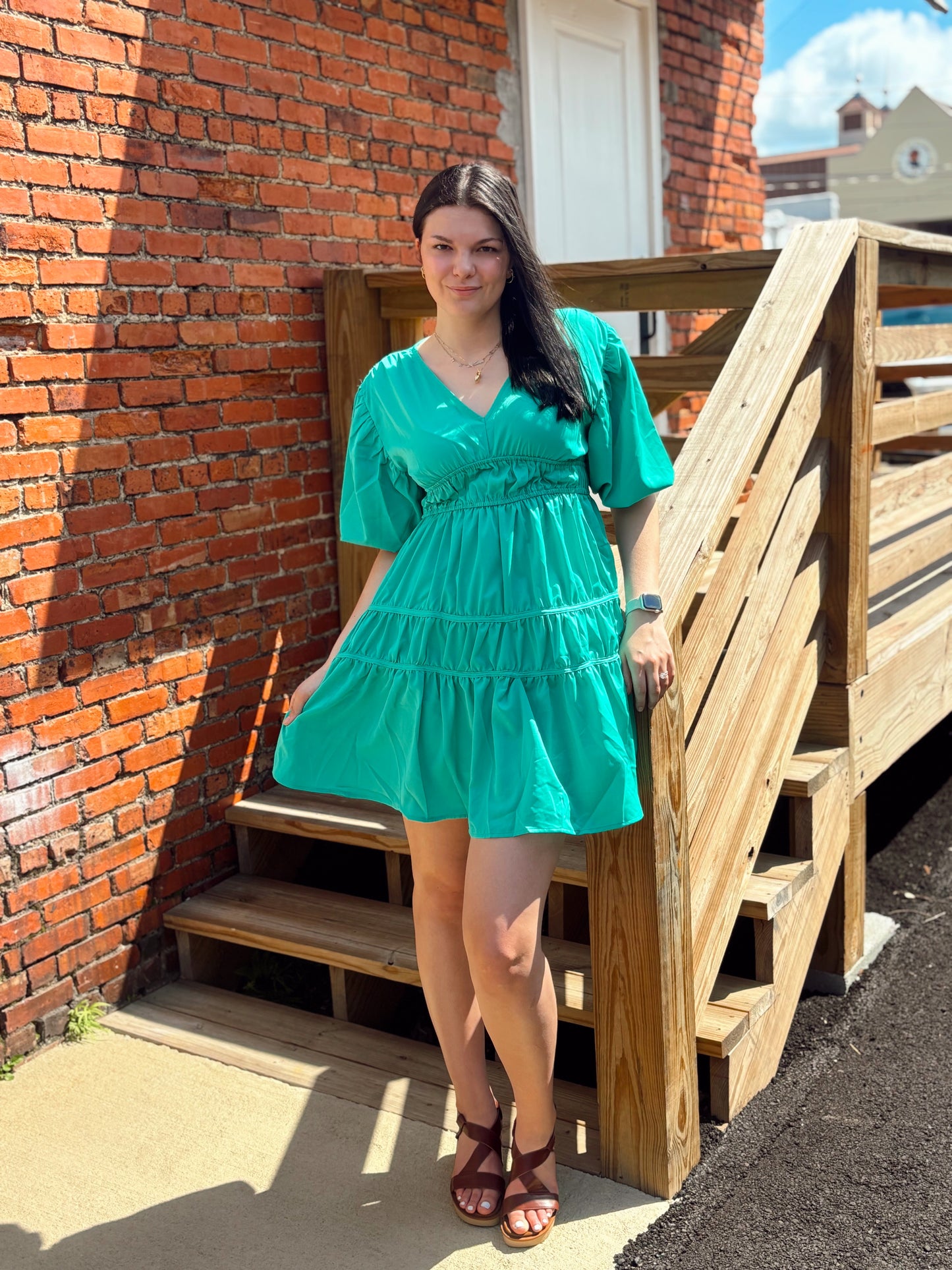 Jade Balloon Sleeve Tiered Dress