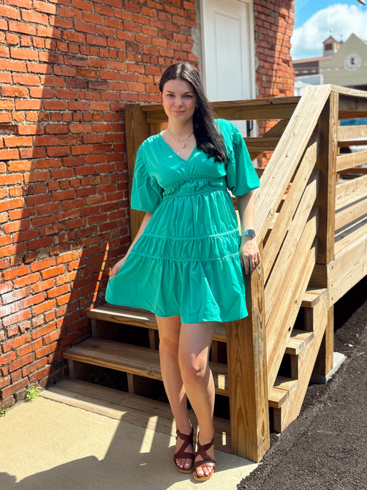 Jade Balloon Sleeve Tiered Dress