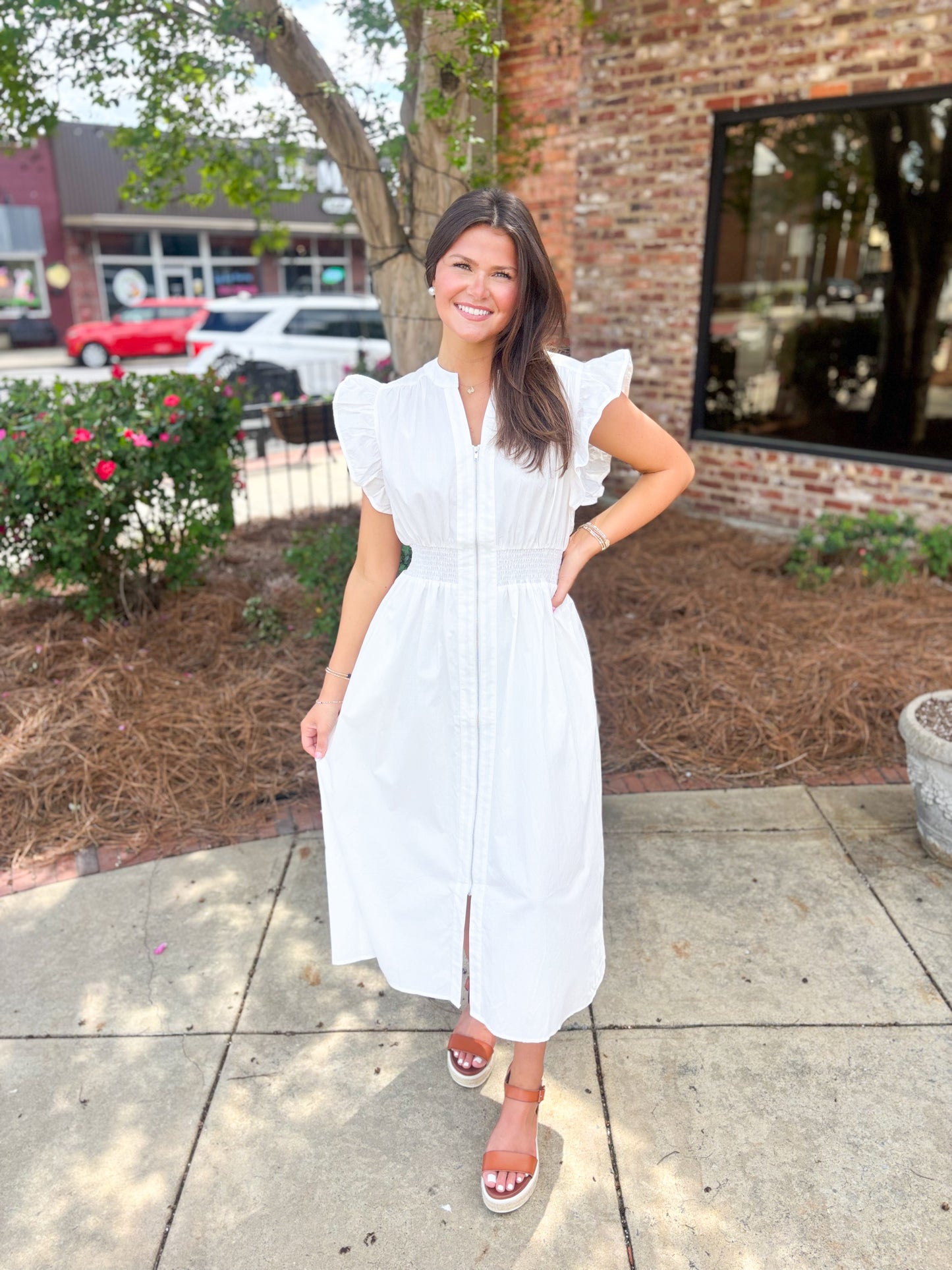 White Smocked Waist Midi Dress