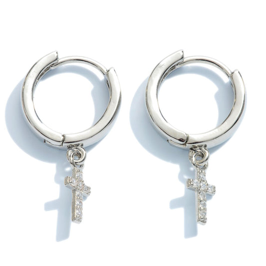 Pave Cross Huggie Hoop Earrings.