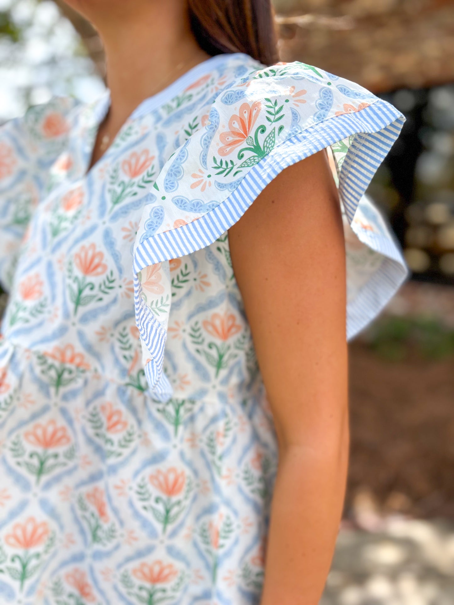 Blue & Orange Ruffle Sleeve Top