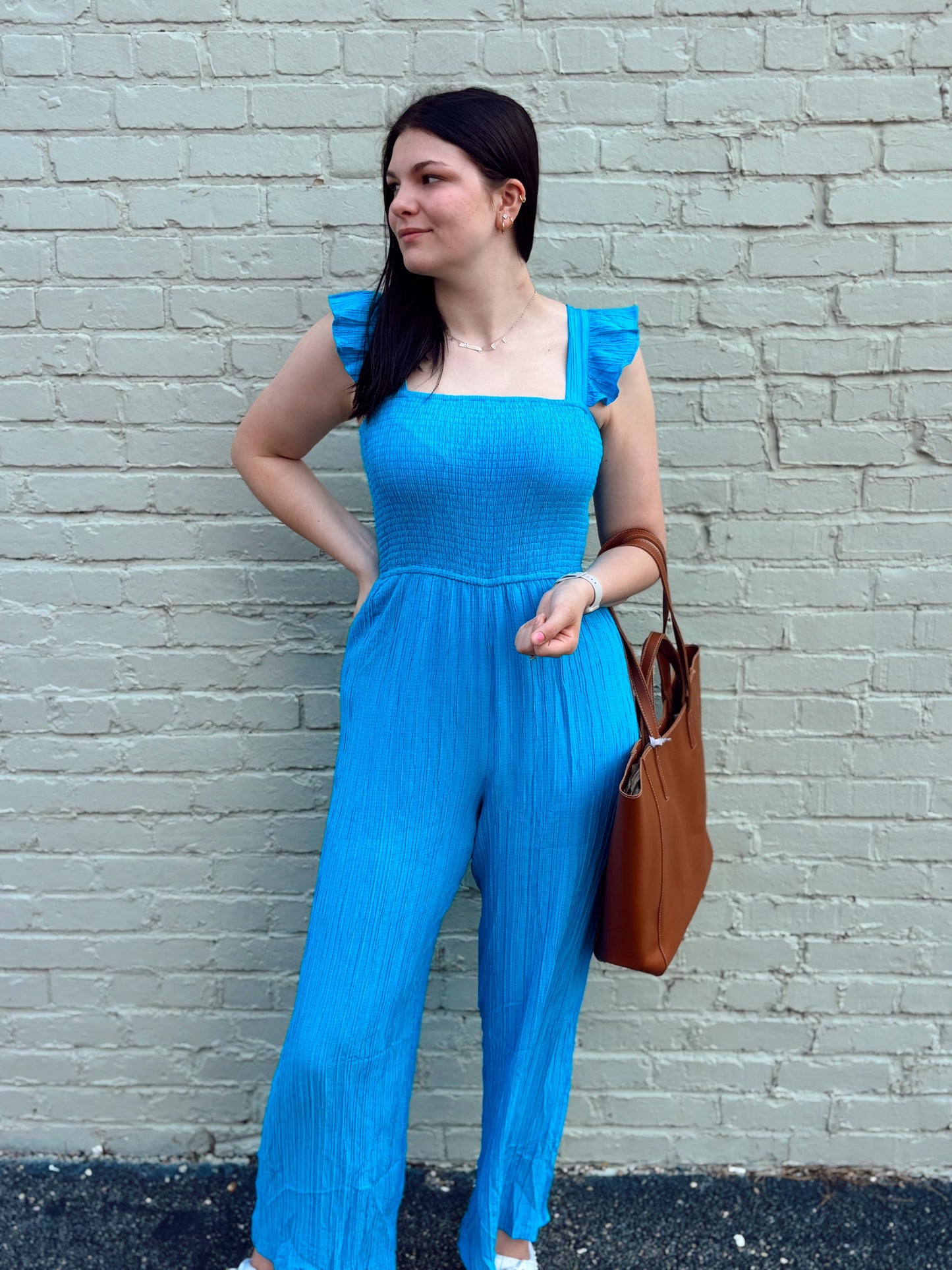 Blue Smocked Jumpsuit