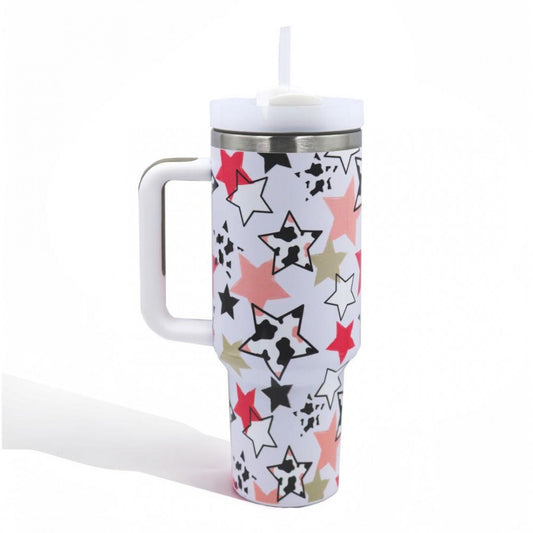 Cow Print Stars Printed 40oz Double Wall Stainless Steel Vacuum Tumbler With Handle