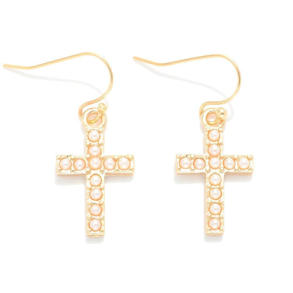 Pearl Studded Cross Earrings
