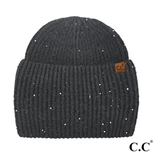 Wide Cuff Metallic Sequin Beanie