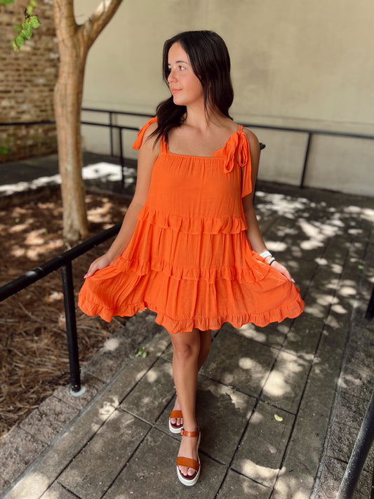 Self Tie Straps Ruffle Tiered Mini Dress
