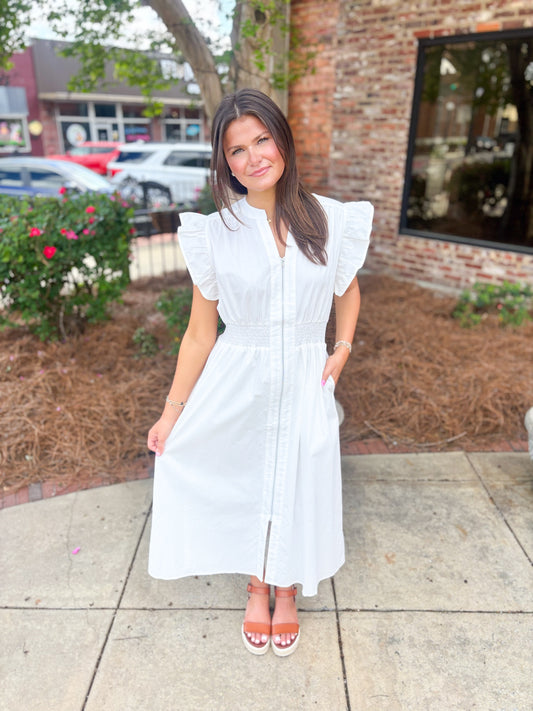 White Smocked Waist Midi Dress