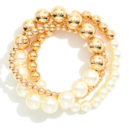 Set of 3 Pearl & Gold Stretch Bracelet