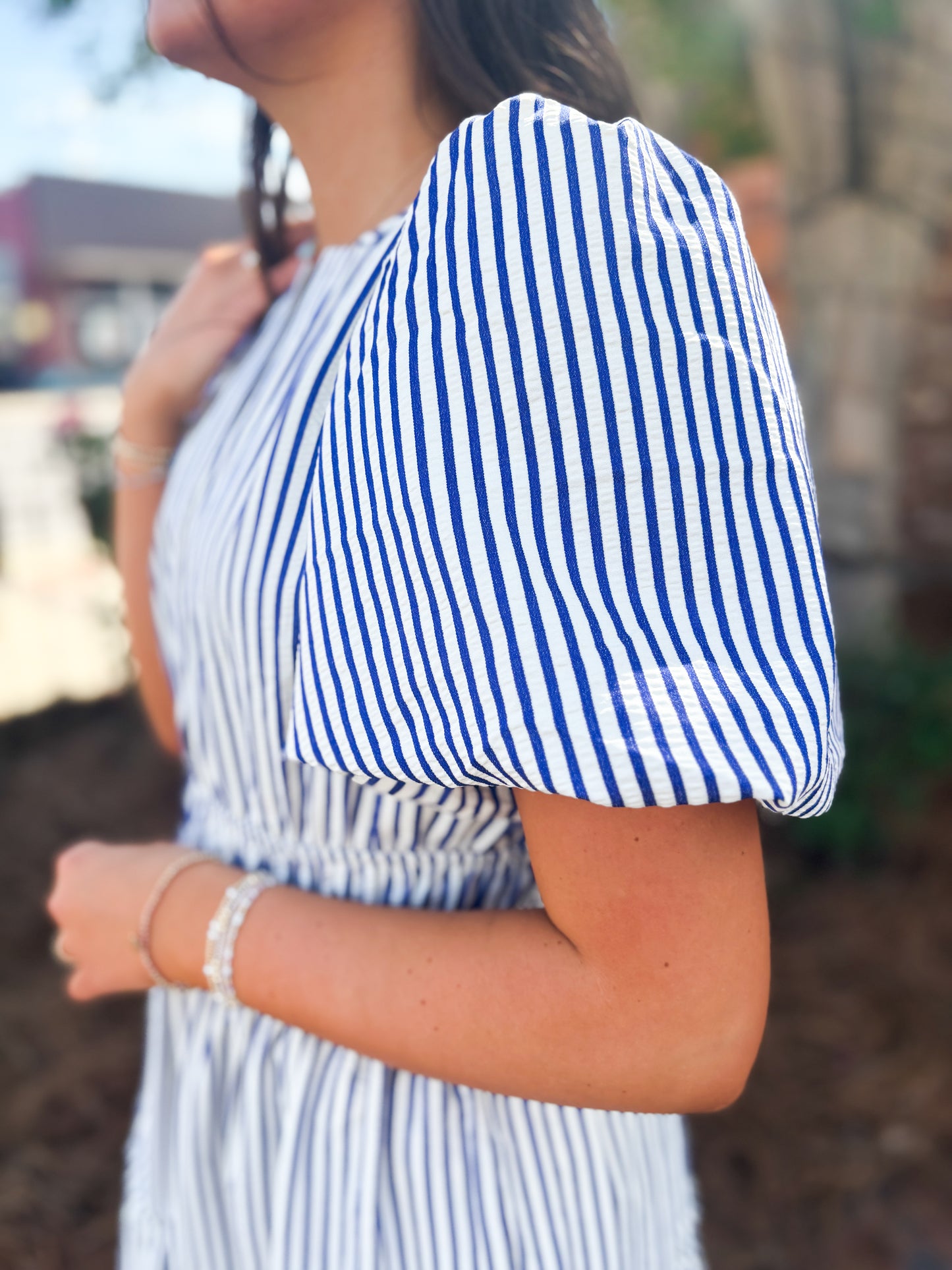 Navy Striped Pintuck Dress