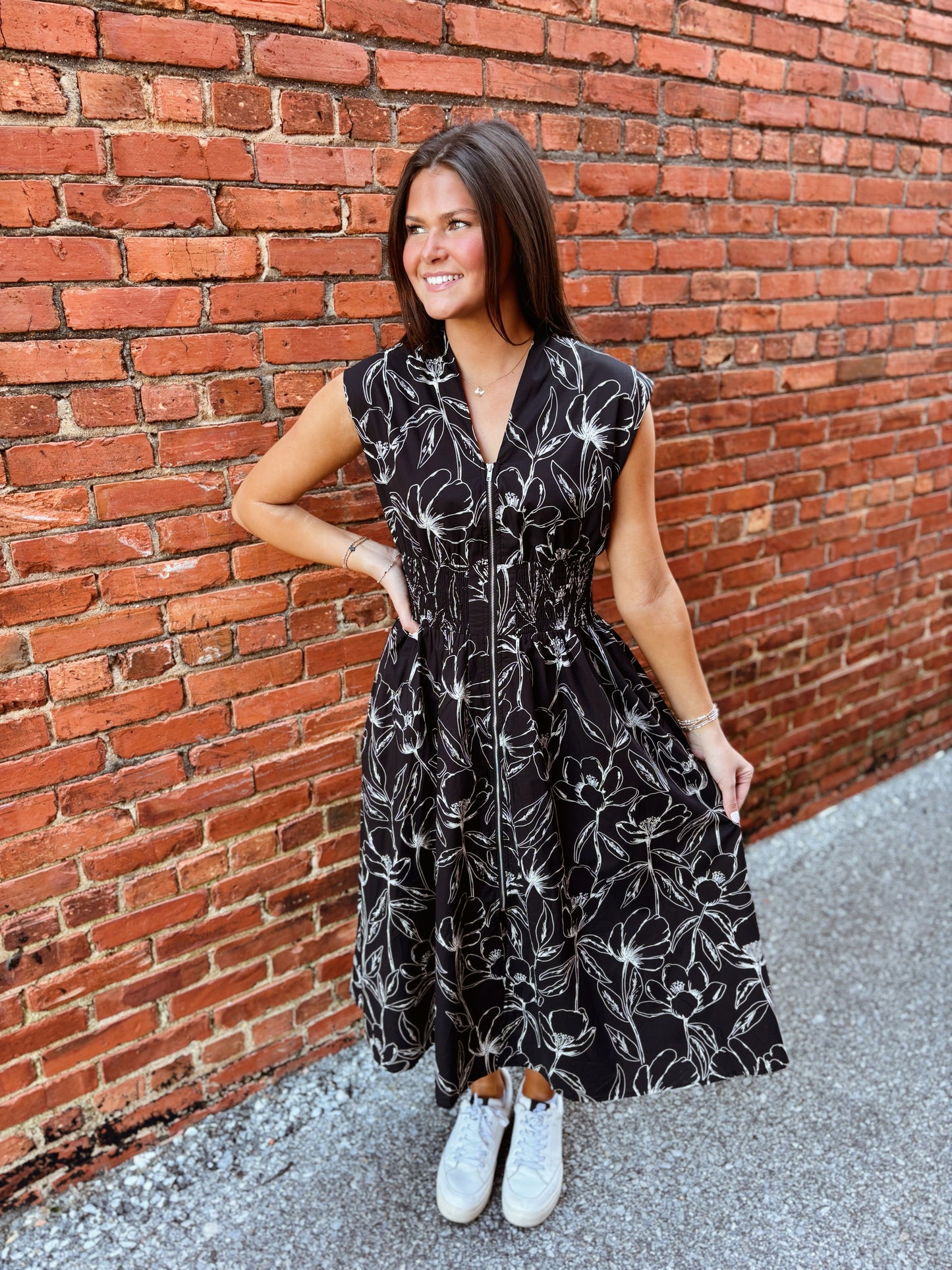 Black Smocked Zipper Dress