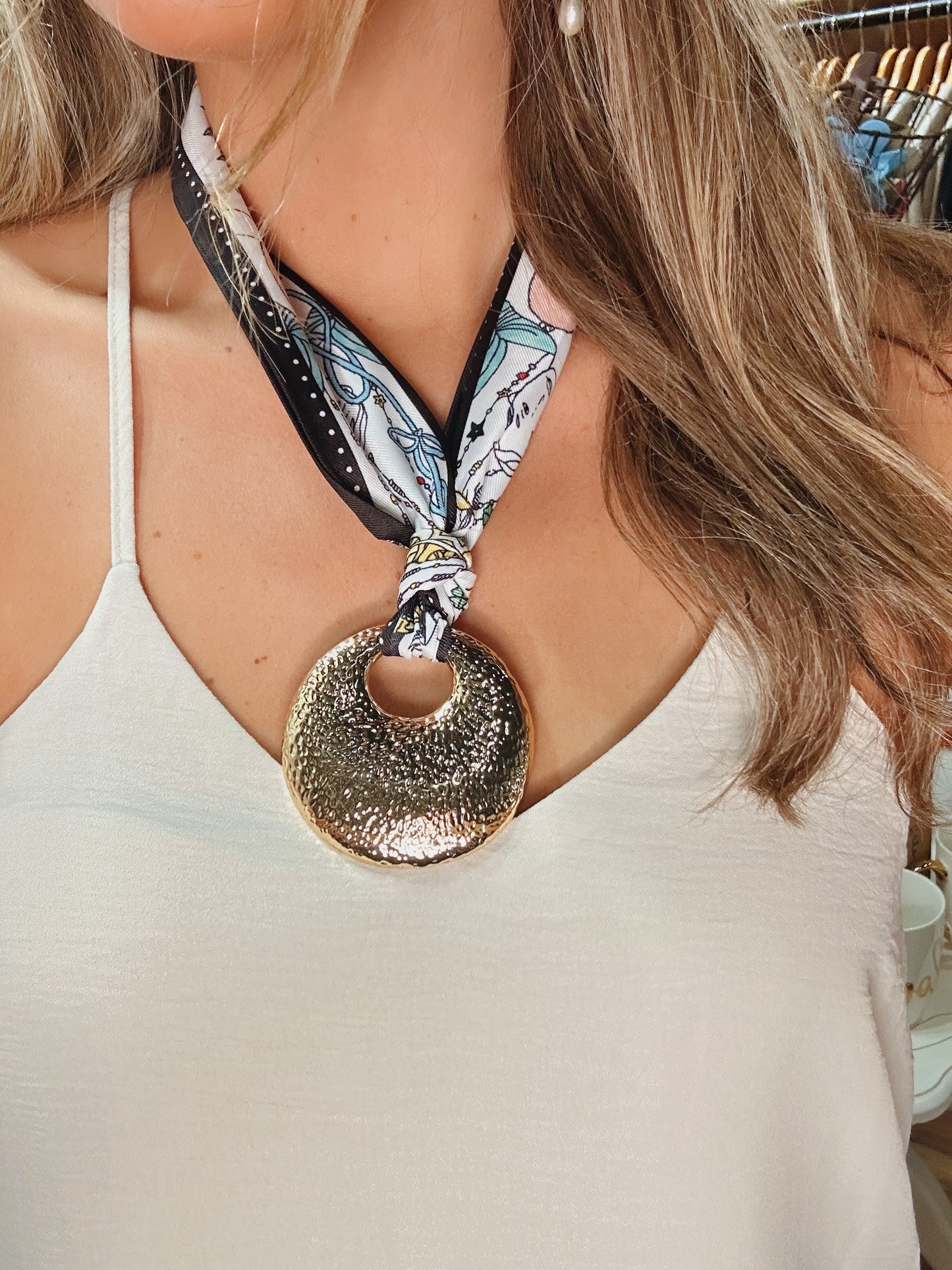 Textured Round Pendant Scarf Necklace