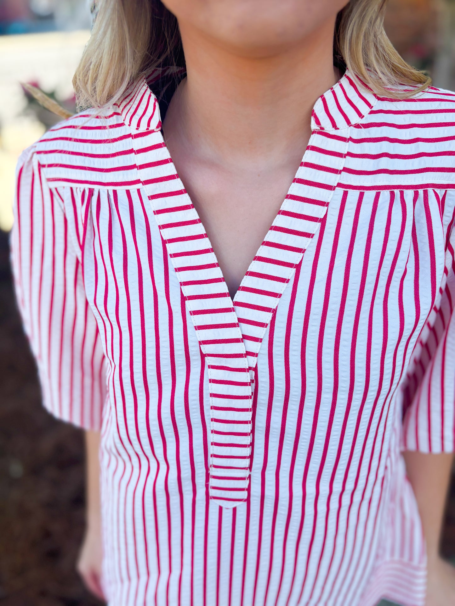 Red Striped Bubble Sleeve Top